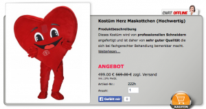Herz Kostüm Maskottchen Lauffigur günstig kaufen oder mieten !!!